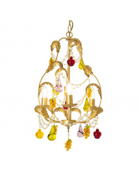 lampadario in ottone con frutta in vetro di murano colorata e strass