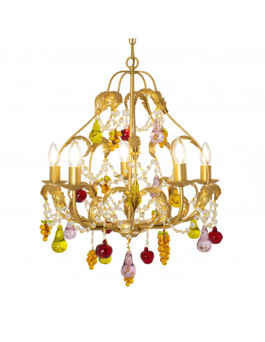 Brass chandelier with colored Murano glass fruit and rhinestones, 5 lights