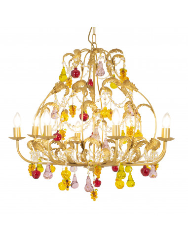 Brass chandelier with colored Murano glass fruit and rhinestones, 8 lights