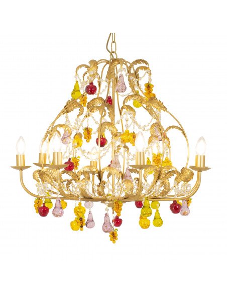 lampadario in ottone con frutta in vetro di murano colorata e strass 5 luci