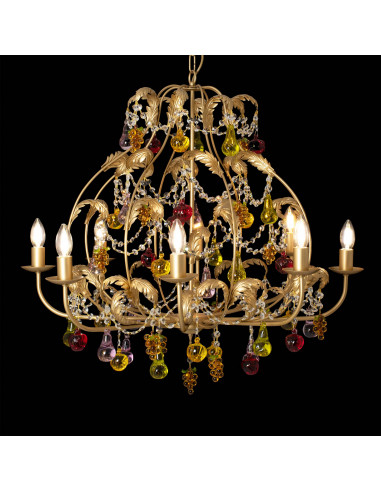 Brass chandelier with colored Murano glass fruit and rhinestones, 8 lights