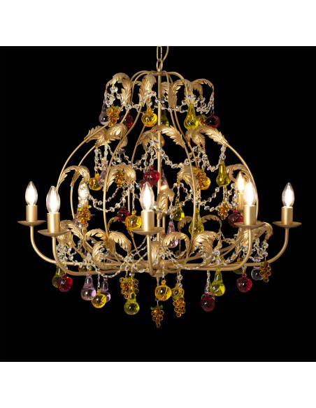 lampadario in ottone con frutta in vetro di murano colorata e strass 8 luci