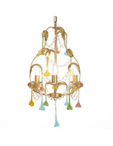 lampadario in ottone con fiori in vetro di murano colorati e strass