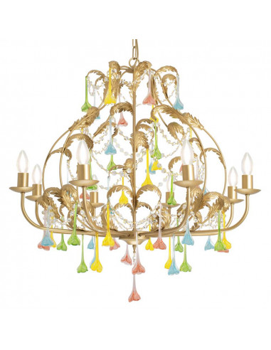 lampadario in ottone con fiori in vetro di murano colorati e strass