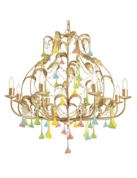 lampadario in ottone con fiori in vetro di murano colorati e strass