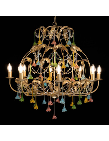 lampadario in ottone con fiori in vetro di murano colorati e strass