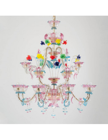 Lampadario Rezzonico in vetro di murano barchetta azzurro rosa e fiori colorati