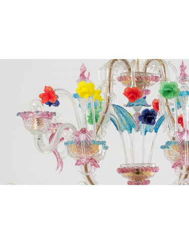 Lampadario Rezzonico in vetro di murano barchetta azzurro rosa e fiori colorati dettaglio