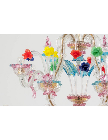 Lampadario Rezzonico in vetro di murano barchetta azzurro rosa e fiori colorati dettaglio