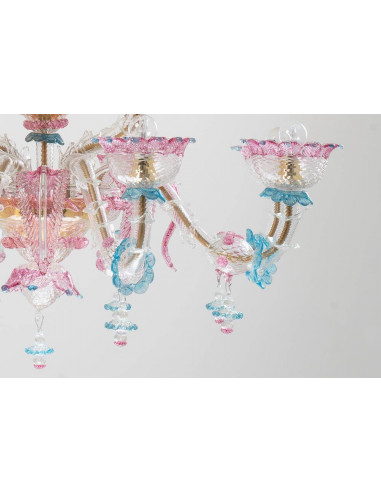 Lampadario Rezzonico in vetro di murano barchetta azzurro rosa e fiori colorati dettaglio