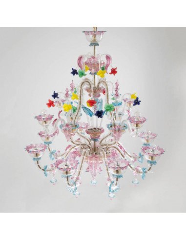 Lampadario Rezzonico in vetro di murano barchetta azzurro rosa e fiori colorati dettaglio
