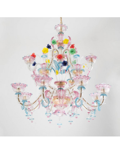 Lampadario Rezzonico in vetro di murano barchetta azzurro rosa e fiori colorati dettaglio