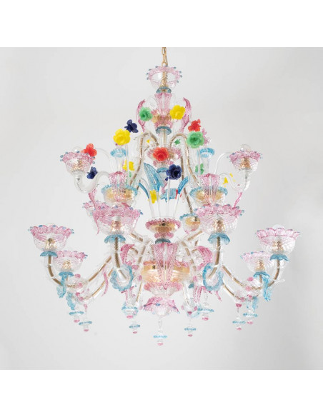 Lampadario Rezzonico in vetro di murano barchetta azzurro rosa e fiori colorati dettaglio