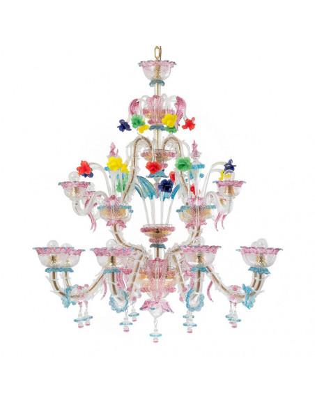 Lampadario Rezzonico in vetro di murano barchetta azzurro rosa e fiori colorati