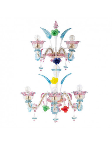 Applique ca'rezzonica di lusso in vetro di Murano e fiori multicolor 3+2 luci