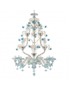Rezzonico chandelier in light blue and 24k gold Murano glass