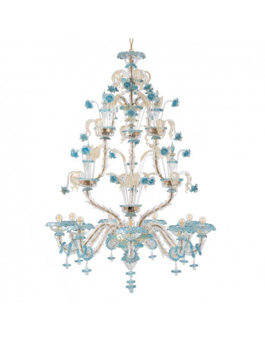 Rezzonico chandelier in light blue and 24k gold Murano glass