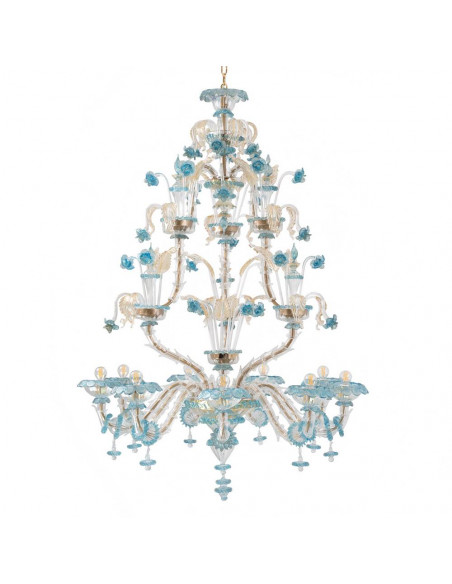 Lampadario Rezzonico in vetro di murano azzurro e oro 24k