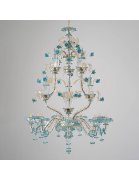 Lampadario Rezzonico in vetro di murano azzurro e oro 24k dettaglio