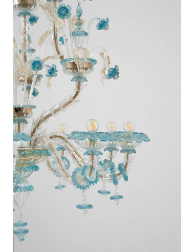 Lampadario Rezzonico in vetro di murano azzurro e oro 24k dettaglio
