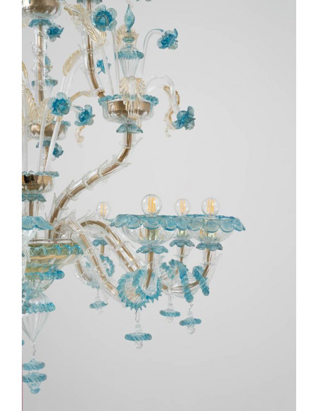 Lampadario Rezzonico in vetro di murano azzurro e oro 24k dettaglio