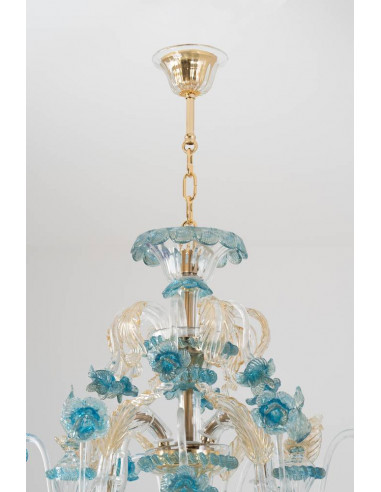 Rezzonico chandelier in light blue and 24k gold Murano glass details