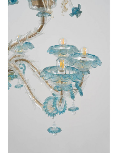 Rezzonico chandelier in light blue and 24k gold Murano glass details