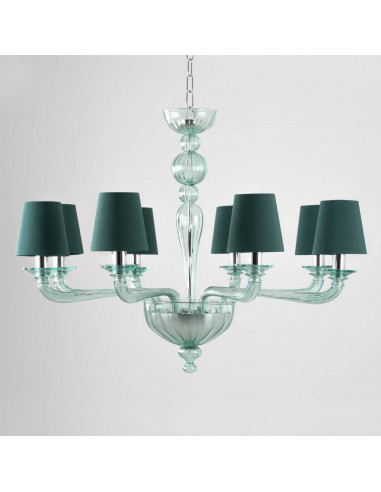 Green Murano glass chandelier with matching fabric lampshades