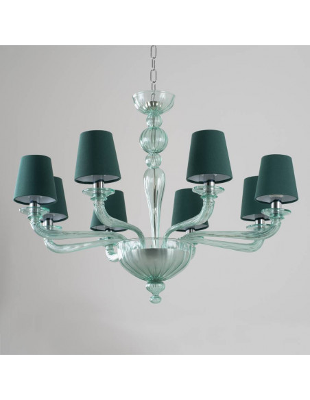Green Murano glass chandelier with matching fabric lampshades