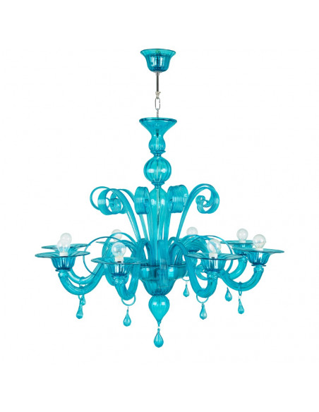 Lampadario in vetro Murano azzurro con pendenti a goccia