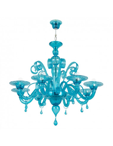 Lampadario in vetro Murano azzurro con pendenti a goccia visto dal basso