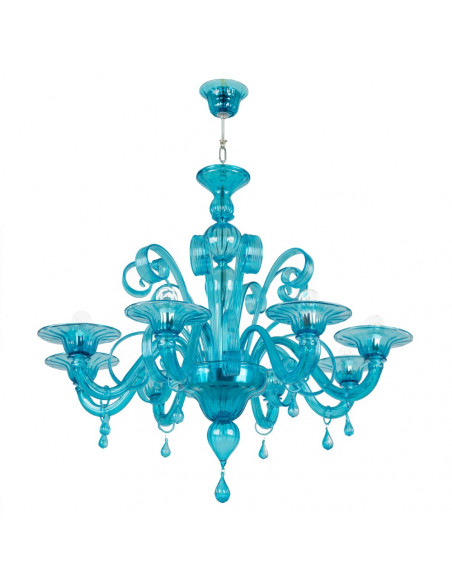 Lampadario in vetro Murano azzurro con pendenti a goccia visto dal basso
