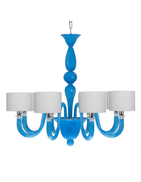 Lampadario in vetro di murano azzurro con paralumi bianchi. Stile moderno