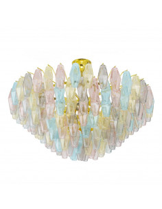 Lampadario in vetro di murano vintage con vetri poliedri colorati struttura oro