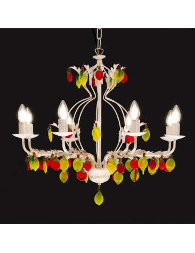 lampadario in ottone con frutta in vetro di murano colorata