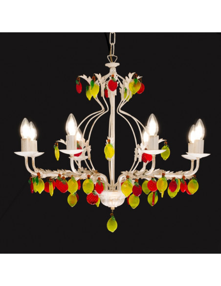 lampadario in ottone con frutta in vetro di murano colorata