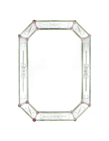 Specchio veneziano con cornice in vetro di ottagonale in vetro di Murano verde e rosa modello farnace