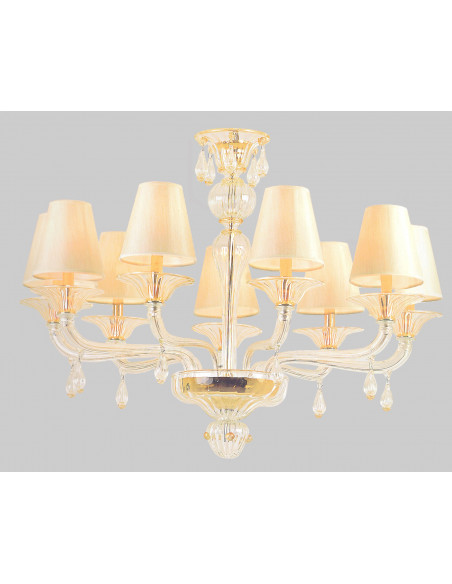 Lampadario in vetro di murano con paralumi bianchi e gocce cristallo oro - Oxford Lampadario in vetro di murano con paralumi bianchi e gocce cristallo oro - Oxford